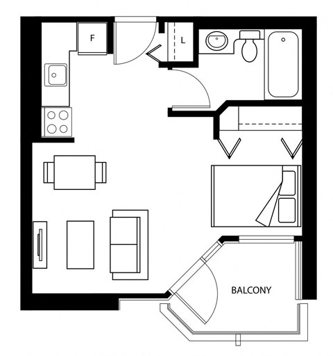 Floor plan for studio, 1 bath, 368 sqft